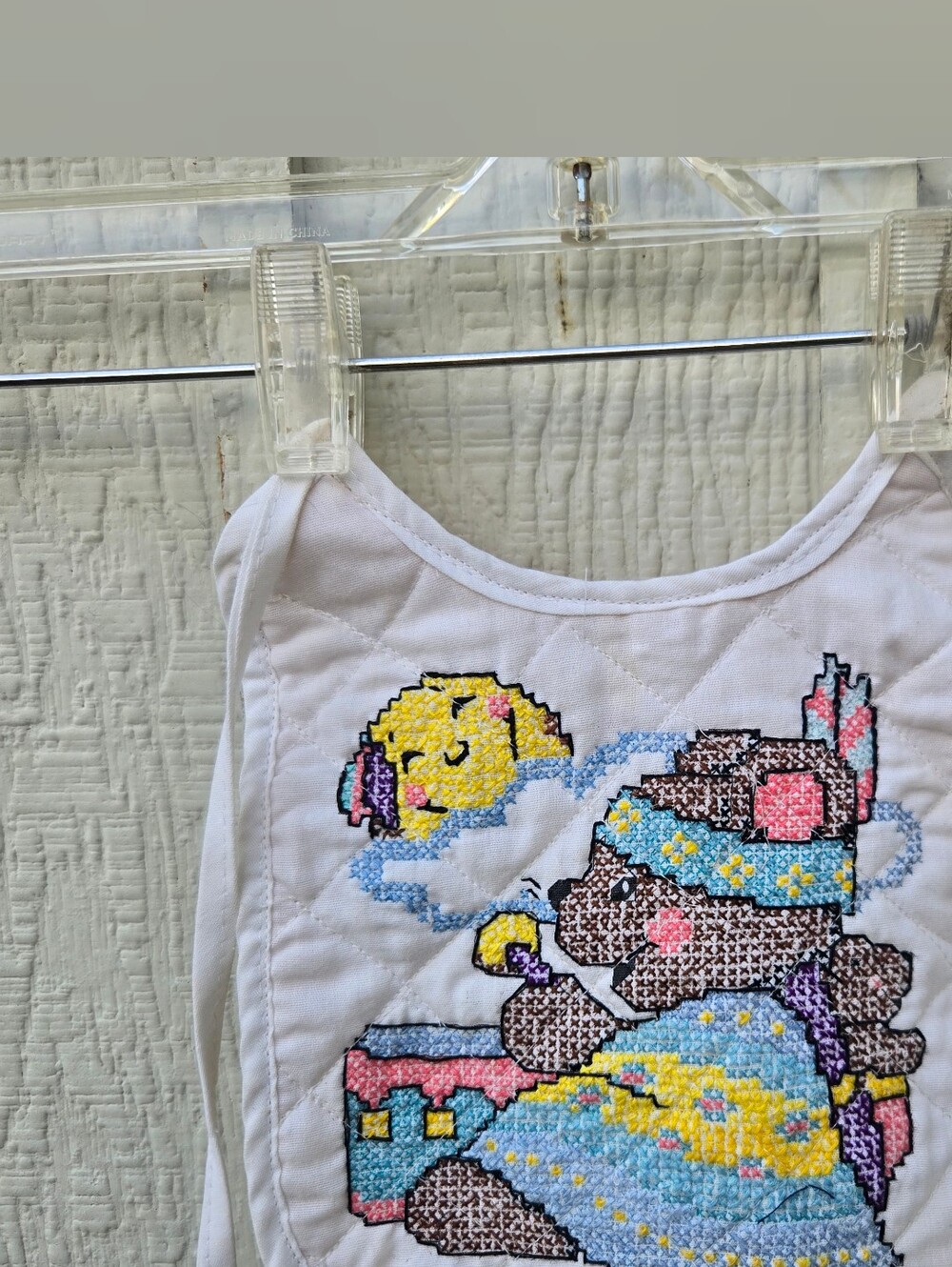 Vintage Handmade Cross Stitch Bear Bib Quilted Nursery Decor